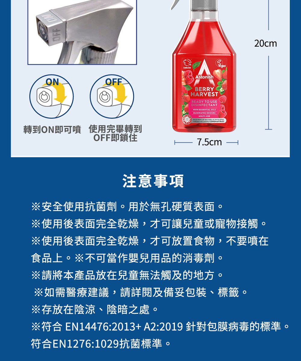 F轉到ON即可噴 使用完畢轉到OFF即鎖住AstonishBERRYHARVESTREADY TO USEDISINFECTANTWITH ESSENTIAL  ODOURSMULTI-USE OF  &   CORONAVIRUS7.5cm20cm注意事項※安全使用抗菌劑。用於無孔硬質表面。※使用後表面完全乾燥,才可讓兒童或寵物接觸。※使用後表面完全乾燥,才可放置食物,不要噴在食品上。※不可當作嬰兒用品的消毒劑。※請將本產品放在兒童無法觸及的地方。※如需醫療建議,請詳閱及備妥包裝、標籤。※存放在陰涼、陰暗之處。※符合EN14476:2013+A2:2019 針對包膜病毒的標準。符合EN1276:1029抗菌標準。