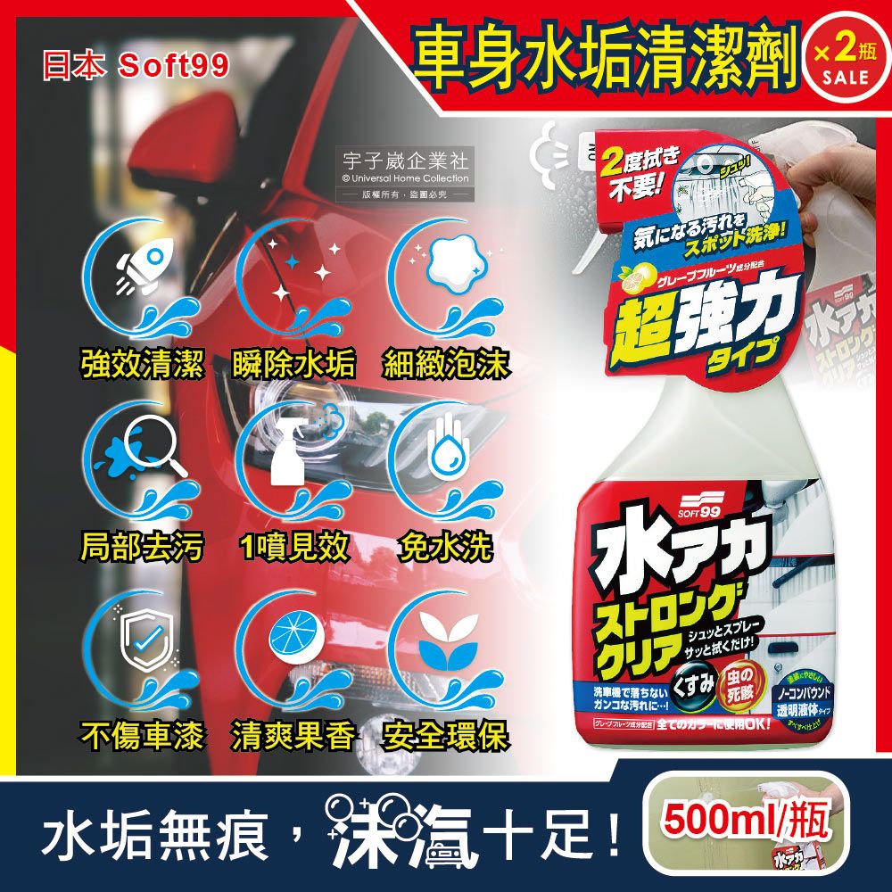 SOFT99 (2瓶超值組)日本-W264水垢清潔劑-葡萄柚香500ml/按壓瓶(環保型洗車精,玻璃清潔劑,軟99汽車美容保養,檔風玻璃,側窗,天窗,後視鏡除水垢劑)