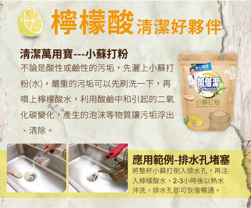 檸檬酸清潔好夥伴清潔萬用寶---小蘇打粉不論是酸性或鹼性的污垢,先灑上小蘇打粉(水),嚴重的污垢可以先刷洗一下,再噴上檸檬酸水,利用酸鹼中和引起的二氧化碳變化,產生的泡沫等物質讓污垢浮出清除【加倍潔 小蘇打粉 應用範例-排水孔堵塞將整杯小蘇打倒入排水孔,再注入檸檬酸水,2-3小時後以熱水沖洗,排水孔可恢復暢通。
