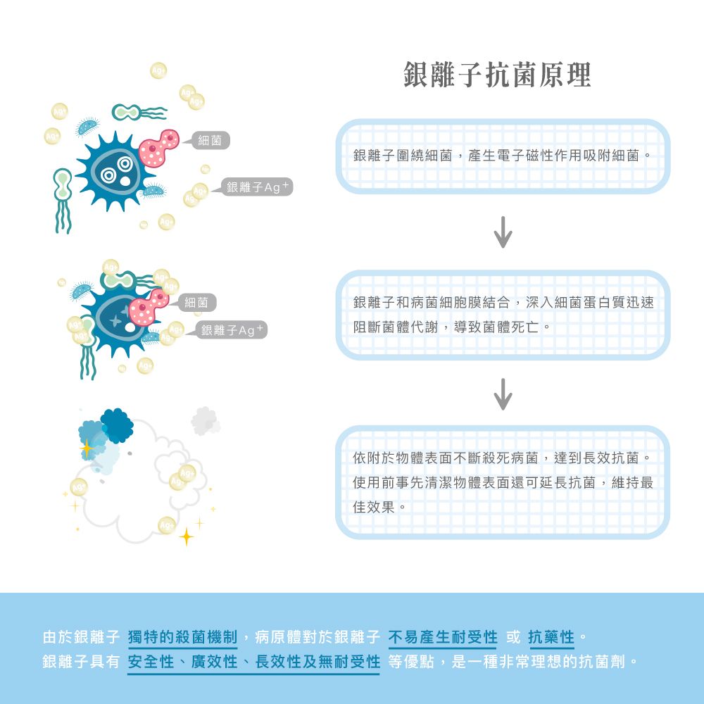 細菌銀抗菌原理銀離子圍繞細菌產生電子磁性作用吸附細菌銀離子Ag+細菌銀離子Ag+銀離子和病菌細胞膜結合,深入細菌蛋白質迅速阻斷菌體代謝,導致菌體死亡。依附於物體表面不斷殺死病菌,達到長效抗菌。使用前事先清潔物體表面還可延長抗菌,維持最佳效果。由於銀離子 的殺菌機制病原體對於銀離子不易產生耐受性或抗藥性。銀離子具有安全性、廣效性、長效性及無耐受性 等優點,是一種非常理想的抗菌劑,。