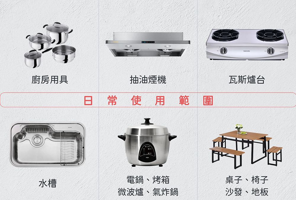 廚房用具抽油煙機日常使用範 圍瓦斯爐台水槽電鍋、烤箱微波爐、氣炸鍋桌子、椅子沙發、地板