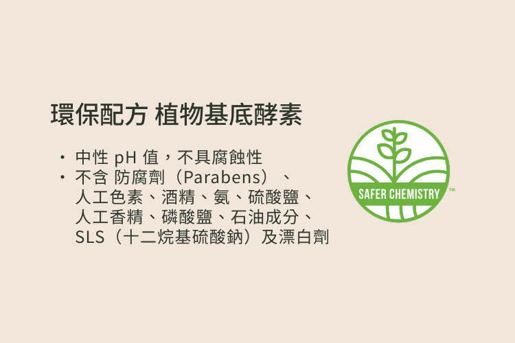 環保配方 植物基底酵素中性 pH 值,不具腐蝕性不含 防腐劑(Parabens)人工色素、酒精、氨、硫酸鹽、人工香精、磷酸鹽、石油成分、SLS(十二烷基硫酸鈉)及漂白劑SAFER CHEMISTRY