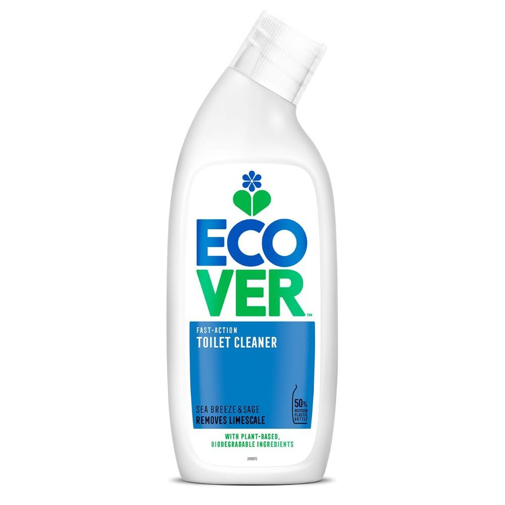 ECOVERFAST-ACTIONTOILET CLEANERSEA BREEZE & SAGEREMOVES LIMESCALEWITH PLANT-BASEDBIODEGRADABLE INGREDIENTS50%PLASTICBOTTLE