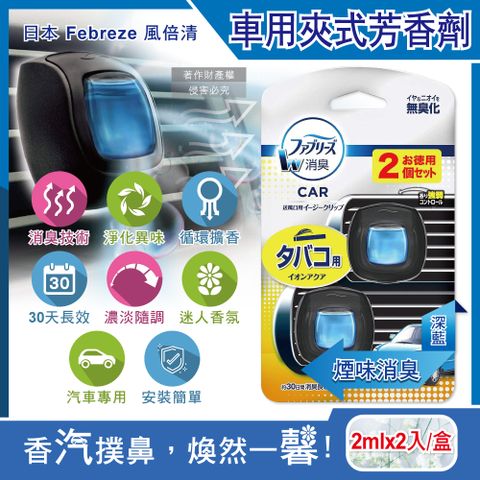 日本Febreze風倍清-汽車空調出風口專用W消臭香氛夾式空氣芳香劑2ml煙味消臭(深藍)2入/盒(濃淡可調)