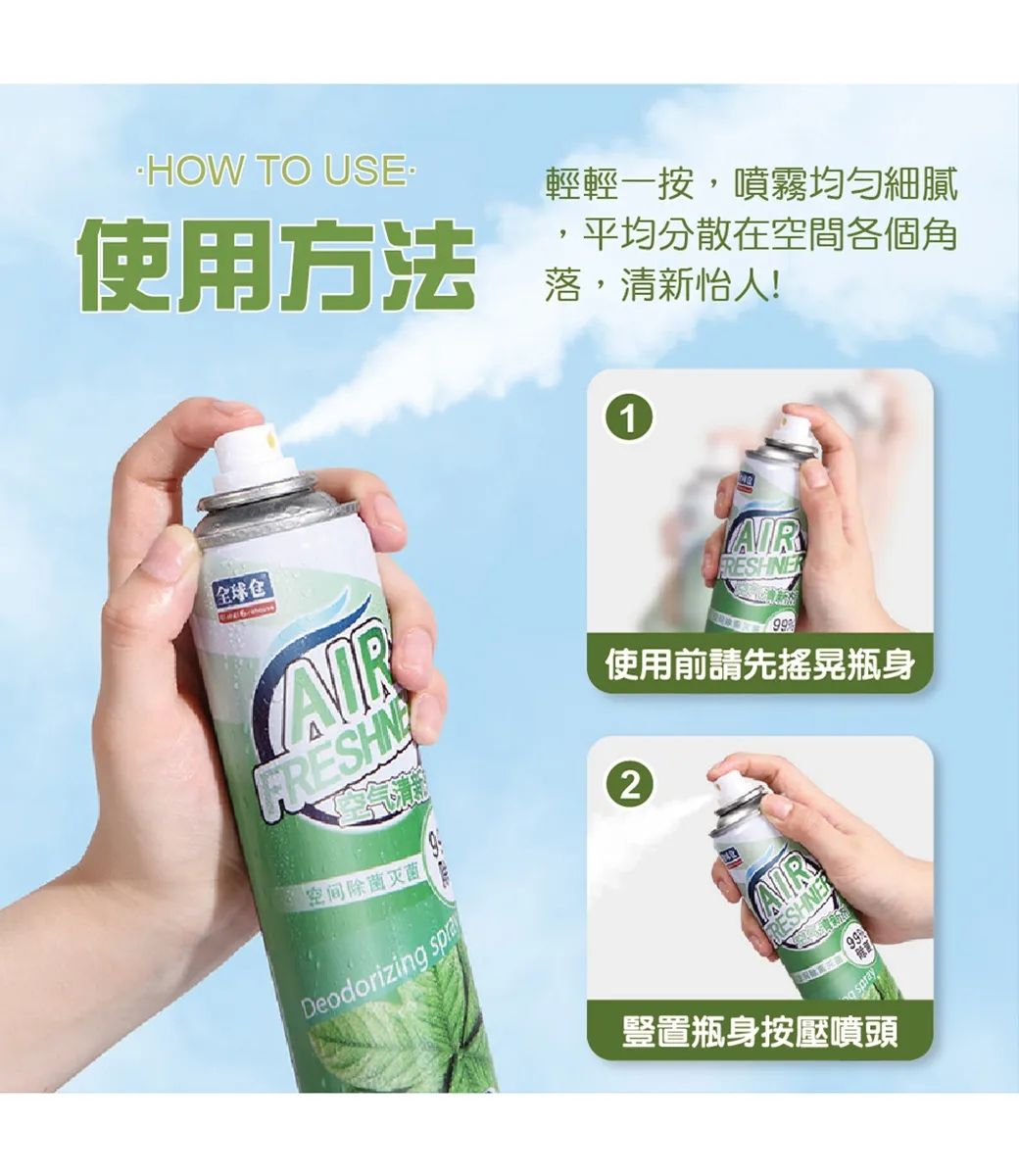 HOW TO 輕輕一按,噴霧均勻細膩使用方法平均分散在空間各個角落,清新怡人!1AIRAIR99使用前請先搖晃瓶身空间除菌灭菌Deodorizing 2AIRRESHNERspray99豎置瓶身按壓噴頭