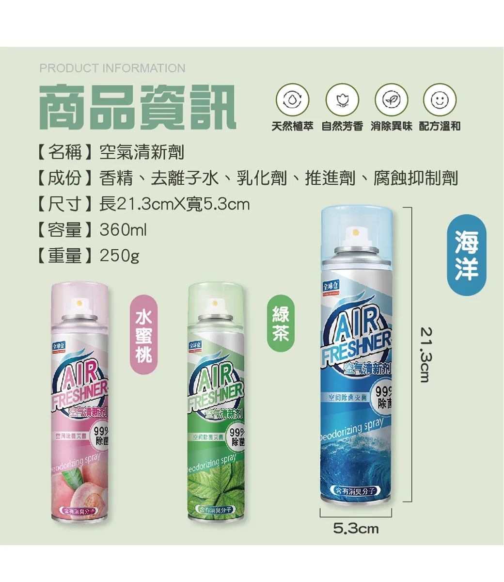 PRODUCT INFORMATION商品資訊名稱空氣清新劑天然植萃 自然芳香  配方【成份香精、去離子水、乳化劑、推進劑、腐蝕抑制劑【尺寸】長21.3cmX寬5.3cm【容量】360ml【重量】250g21.3cmAIRFRESHNERAIRFRESHNERFRESHNER仓AIR空气清新剂菌气清新剂eodorizing spray999除【除菌灭 99除菌Deodorizing sprayeodorizing spray含消臭】有分子】含有消分子5.3cm