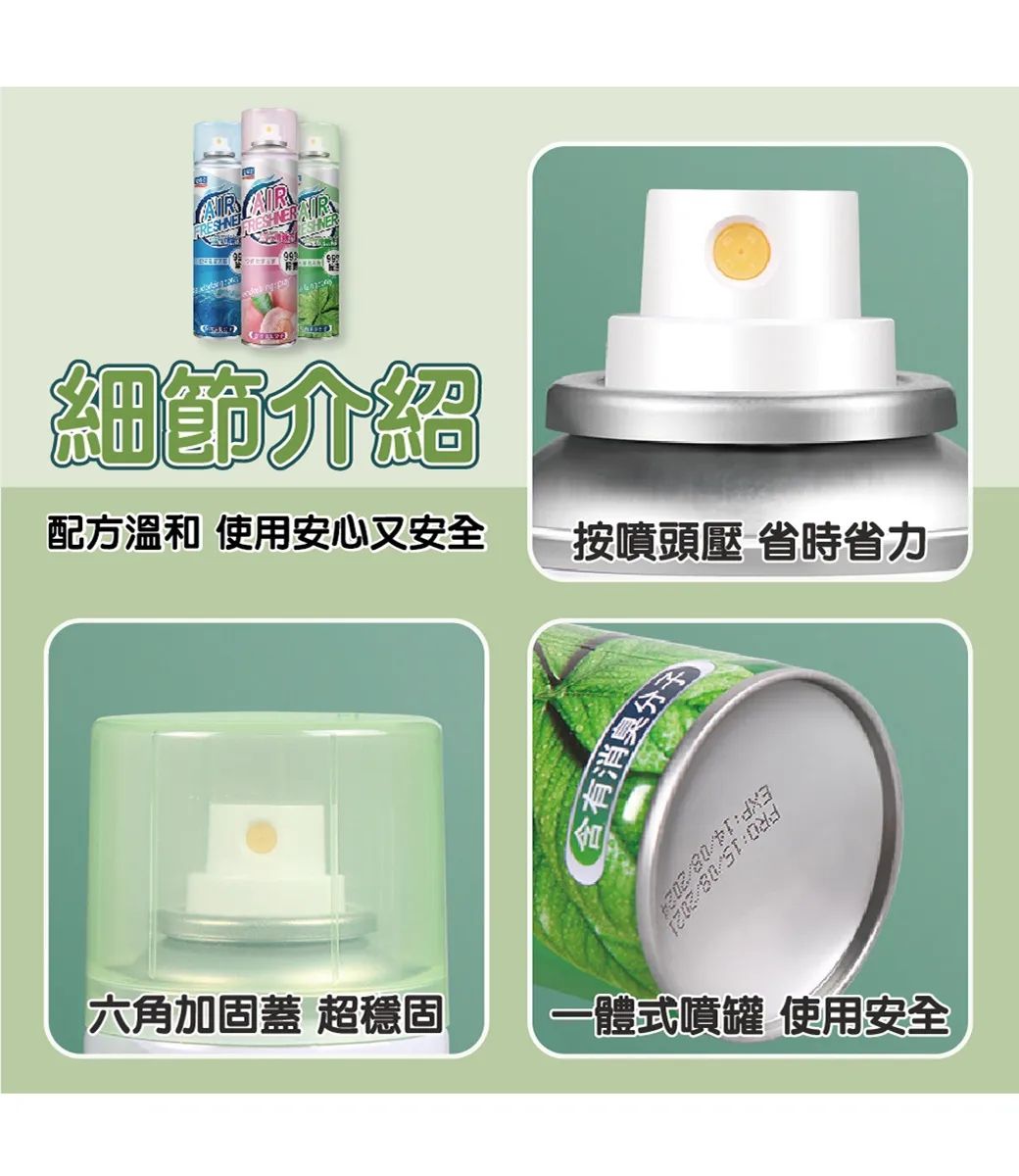 RESHNER 細節介紹配方溫和 使用安心又安全按噴頭壓 省時省力含有消六角加固蓋 超穩固一體式噴罐 使用安全