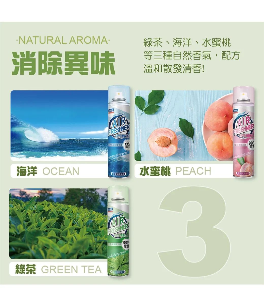 NATURAL AROMA·消除異味綠茶、海洋、水蜜桃等三種自然香氣,配方溫和散發清香!AIRFRESHNER sprayAIRFRESHNER999除海洋 OCEANeodorizing spray》水蜜桃 PEACHFRESHNER 999除菌eodorizing spray綠茶 GREEN TEA3