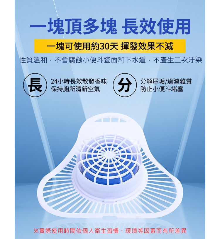 一塊頂多塊 長效使用一塊可使用約30天 揮發效果不減性質溫和,不會腐蝕小便斗瓷面和下水道,不產生二次汙染長24小時長效散發香味保持廁所清新空氣分解尿垢/過濾雜質防止小便斗堵塞※實際使用時間依個人衛生習慣、環境等因素而有所差異