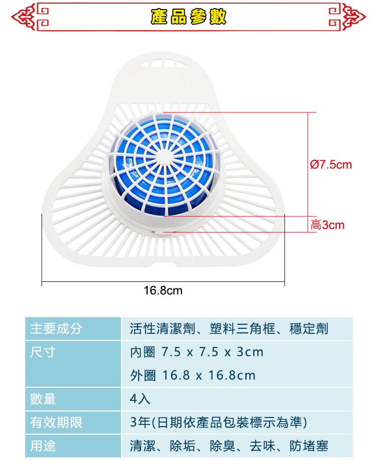 產品參數16.8cmØ7.5cm高3cm主要成分活性清潔劑、塑料三角框、穩定劑尺寸數量有效期限用途 7.5 x 7.5 x 3cm外圈 16.8 x 16.8cm4入3年(日期依產品包裝標示為準)清潔、除垢、除臭、去味、防堵塞