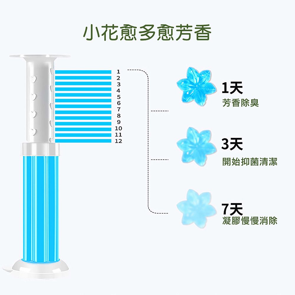 小花愈多愈芳香1天芳香除臭3天開始抑菌清潔7天凝膠慢慢消除