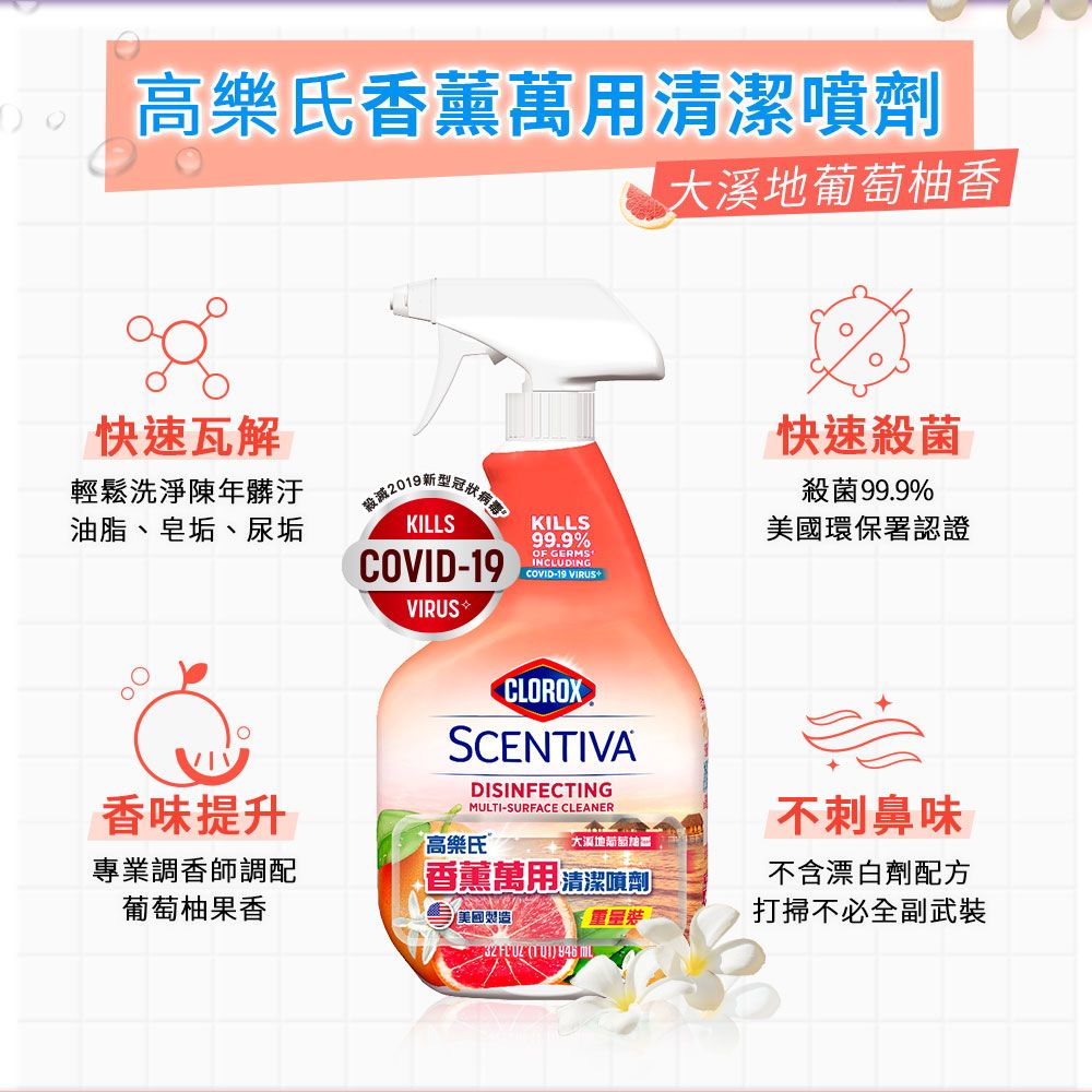 CLOROX 高樂氏 香薰萬用清潔除菌噴劑-946ml (大溪地葡萄柚香)