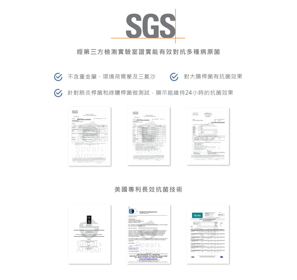 SGS經第三方檢測實驗室證實能有效對抗多種病原菌 不含重金屬、環境荷爾蒙及三氯沙對大腸桿菌有抗菌效果針對肺炎桿菌和綠膿桿菌做測試,顯示能維持24小時的抗菌效果SGSSpear SGS美國專利長效抗菌技術Spear &&ArmourSGS