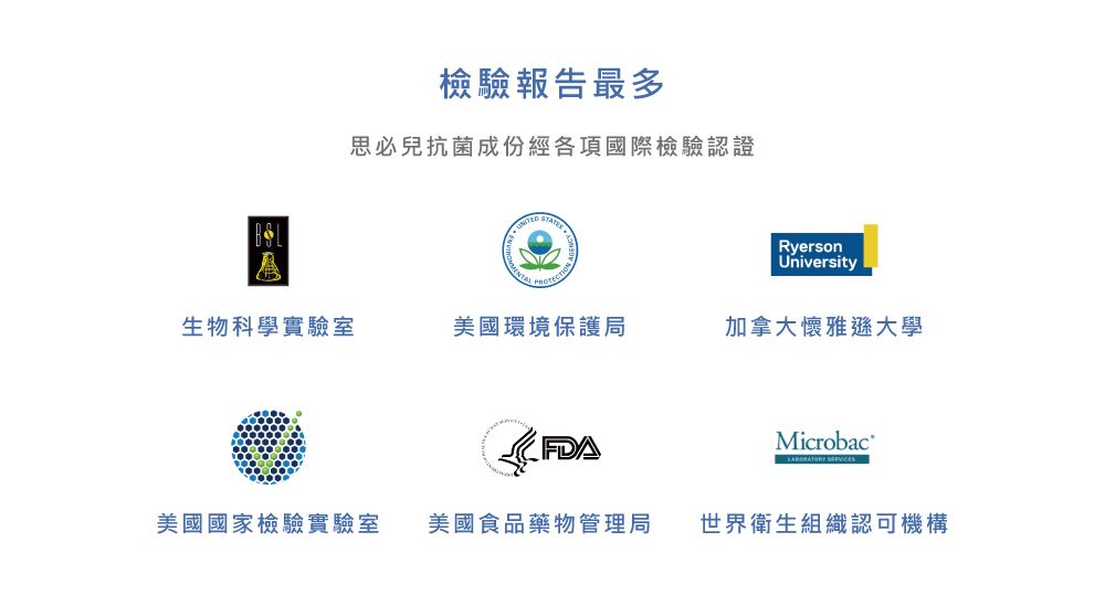 檢驗報告最多思必兒抗菌成份經各項國際檢驗認證RyersonUniversity生物科學實驗室美國環境保護局加拿大懷雅遜大學Microbac 美國國家檢驗實驗室美國食品藥物管理局世界衛生組織認可機構