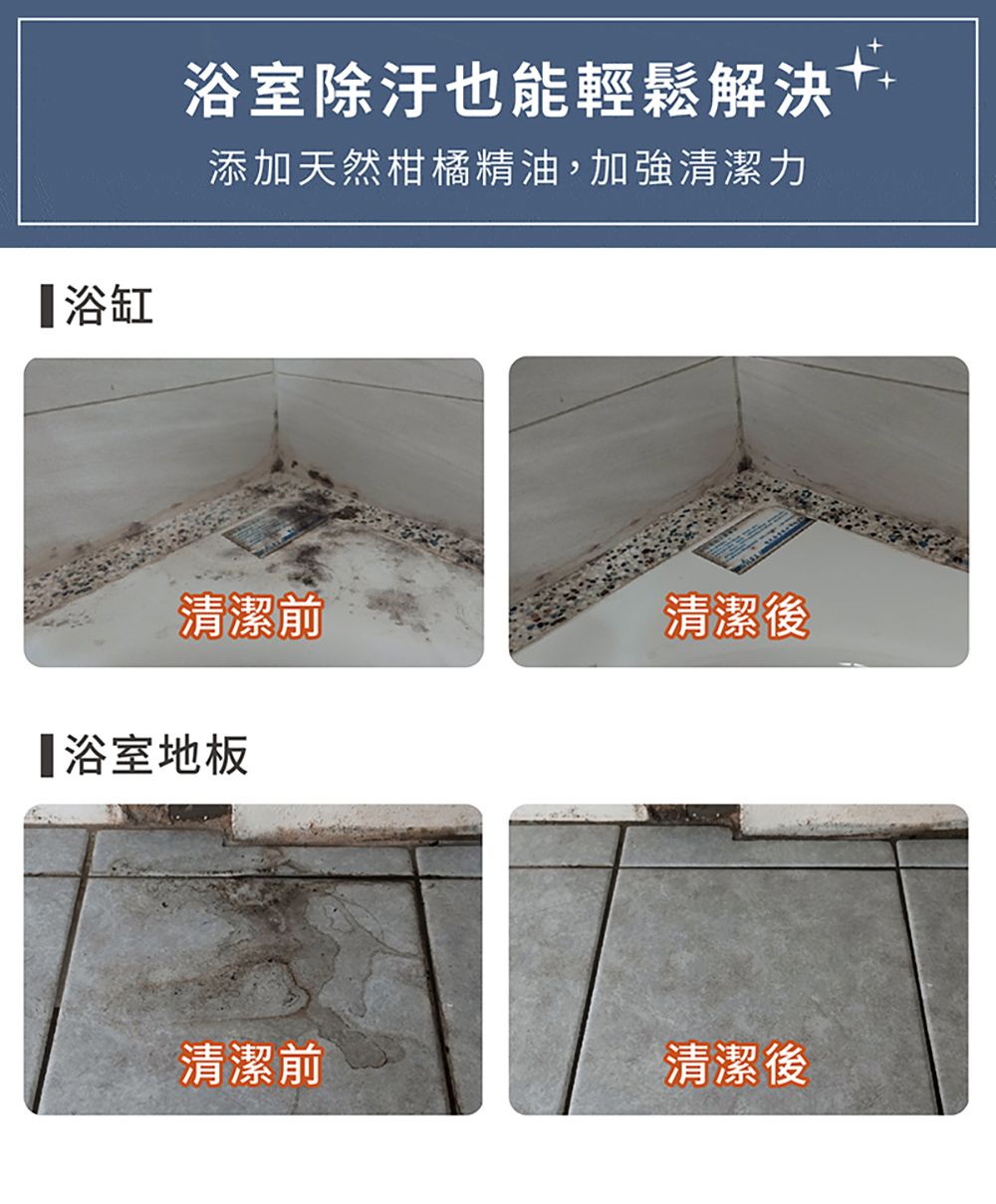 浴缸浴室也能輕鬆解決添加天然柑橘精油,加強清潔力清潔前清潔後浴室地板清潔前清潔後