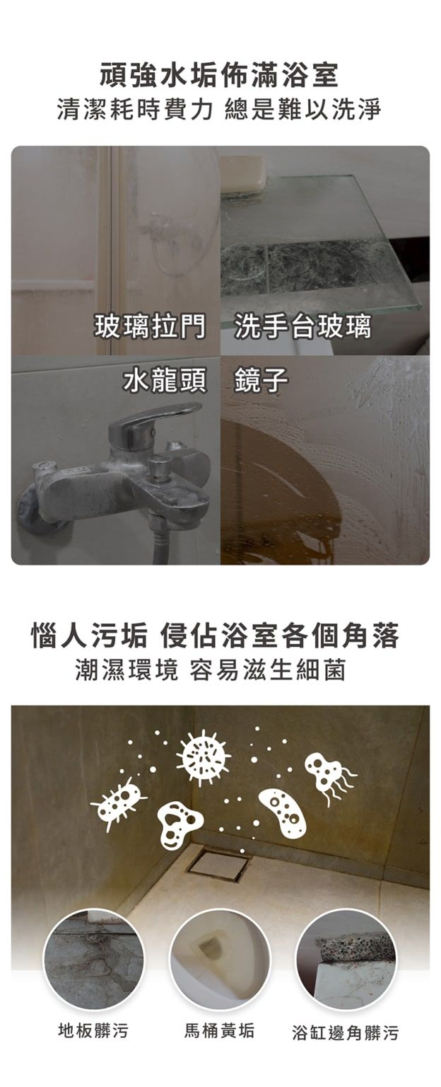 頑強水垢佈滿浴室清潔耗時費力總是難以洗淨玻璃拉門 洗手台玻璃水龍頭 鏡子惱人污垢 侵佔浴室各個角落潮濕環境 容易滋生細菌地板髒污馬桶黃垢浴缸邊角髒污