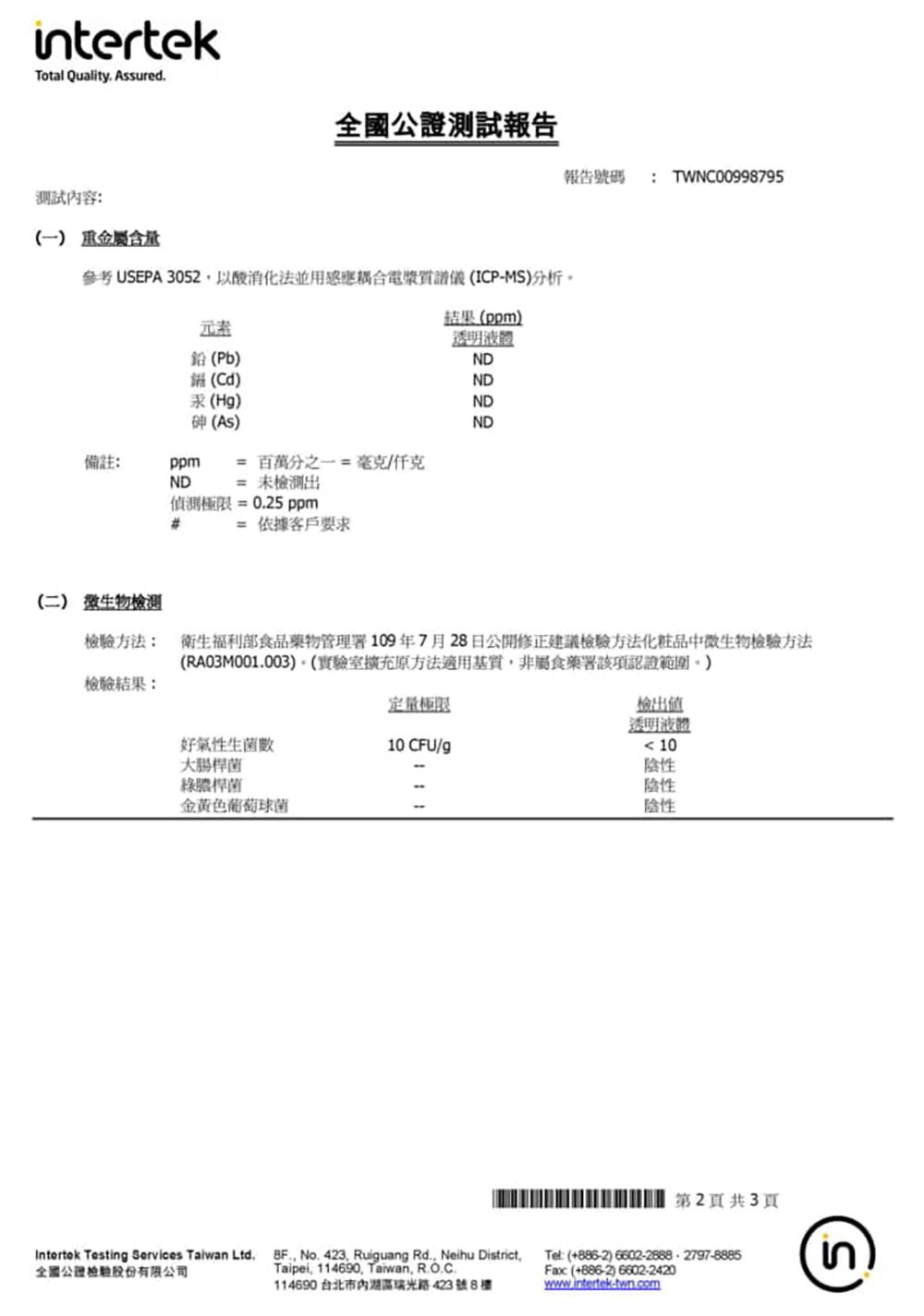 intertekTotal Quality Assured.内容一 重金屬含量測試報告報告號碼 TWNC00998795參考 UEPA 3052以酸消化法用感應耦合電漿質譜儀 (ICP-MS分析(ppm)(Pb)(Cd)汞(Hg)NDNDND(AS)ND備註:ppm 百萬分之一 毫克/仟克ND 未出偵測 0.25ppm# 依據客戶要求() 檢測檢方法: 衛生福利部食品藥物管理署109年7月28日公開修正建議方法中微生物檢驗方法()(實驗室擴充方法屬食藥署該項認證範圍。)檢驗結果:定量極限好氣生菌綠膿桿菌10 CFU/g檢出值透明液體10驗性金黃色葡萄球菌性第2頁共3頁SIntertek Testing Services Taiwan Ltd. . No. 423 Ruiguang Rd. Neihu District Tel: (886-2) 6602-2888-2797-8885全國公證檢驗股份有限公司Taipei, 114690, Taiwan, R.O.C.114690 台北市湖區瑞光路423號8樓Fax: (886-2) 6602-2420www.intertek-twn.com