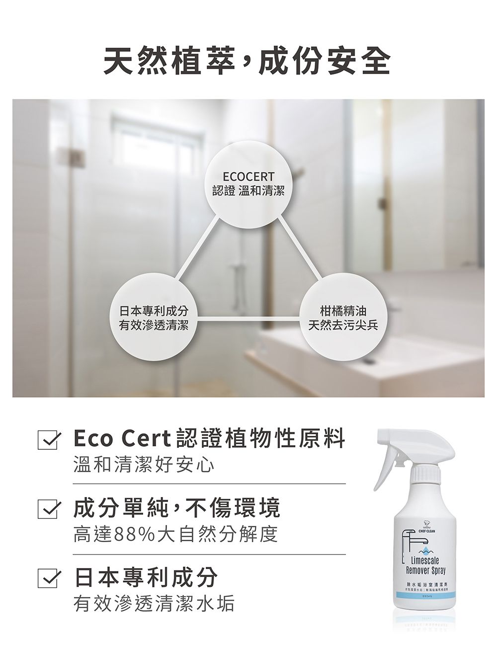 天然植萃,成份安全日本有效滲透ECOCERT認證 溫和清潔柑橘精油天然去污尖兵 Eco Cert 認證植物性原料溫和清潔好安心成分單純,不傷環境高達88%大自然分解度 日本專利成分有效滲透清潔水垢 CLEANLimescaleRemover Spray除水垢浴室清潔