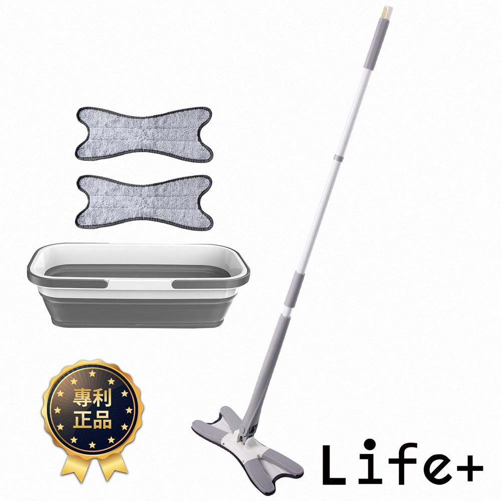 Life+ 極方便免手洗乾濕兩用拖把折疊水桶組(1桿1桶2吸水布)