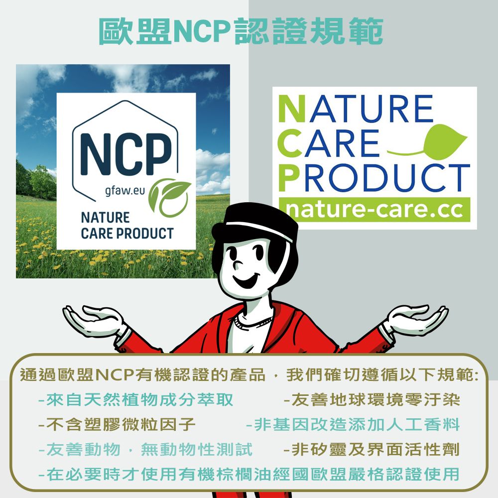 歐盟NCP認證規範NCPgfaw.euNATURECARE PRODUCTNATURECAREPRODUCTnature-care.cc通過歐盟NCP有機認證的產品,我們確切遵循以下規範:-友善地球環境零汙染-來自天然植物成分萃取-不含塑膠微粒因子-非基因改造添加人工香料-友善動物,無動物性測試 -非矽靈及界面活性劑-在必要時才使用有機棕櫚油經國歐盟嚴格認證使用