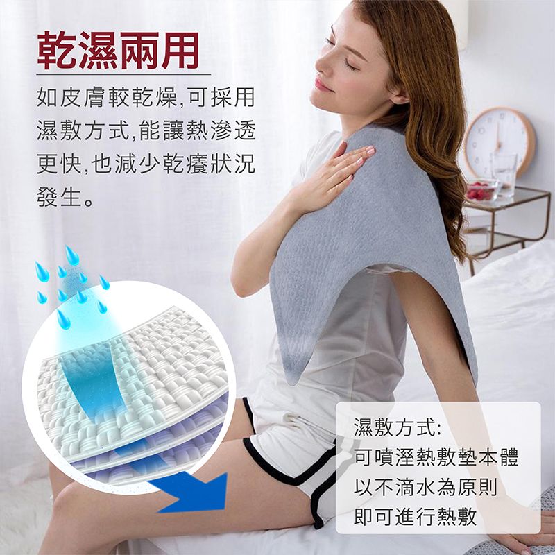 乾濕兩用如皮膚較乾燥,可採用濕敷方式,能讓熱滲透更快,也減少乾癢狀況發生。濕敷方式:可噴溼熱敷墊本體以不滴水為原則即可進行熱敷