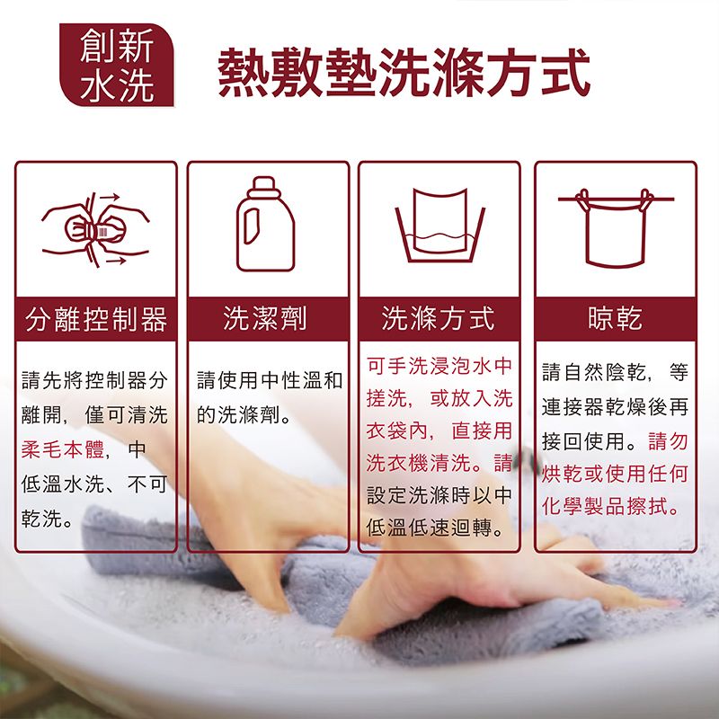 創新洗 熱敷墊洗滌方式分離控制器洗潔劑洗滌方式晾乾請先將控制器分 請使用中性溫和 離開僅可清洗的洗滌劑。柔毛本體,中洗衣機清洗。請低溫水洗、不可設定洗滌時以中乾洗。可手洗浸泡水中搓洗,或放入洗衣袋內,直接用低溫低速迴轉。請自然陰乾,等連接器乾燥後再接回使用。請勿烘乾或使用任何化學製品擦拭。