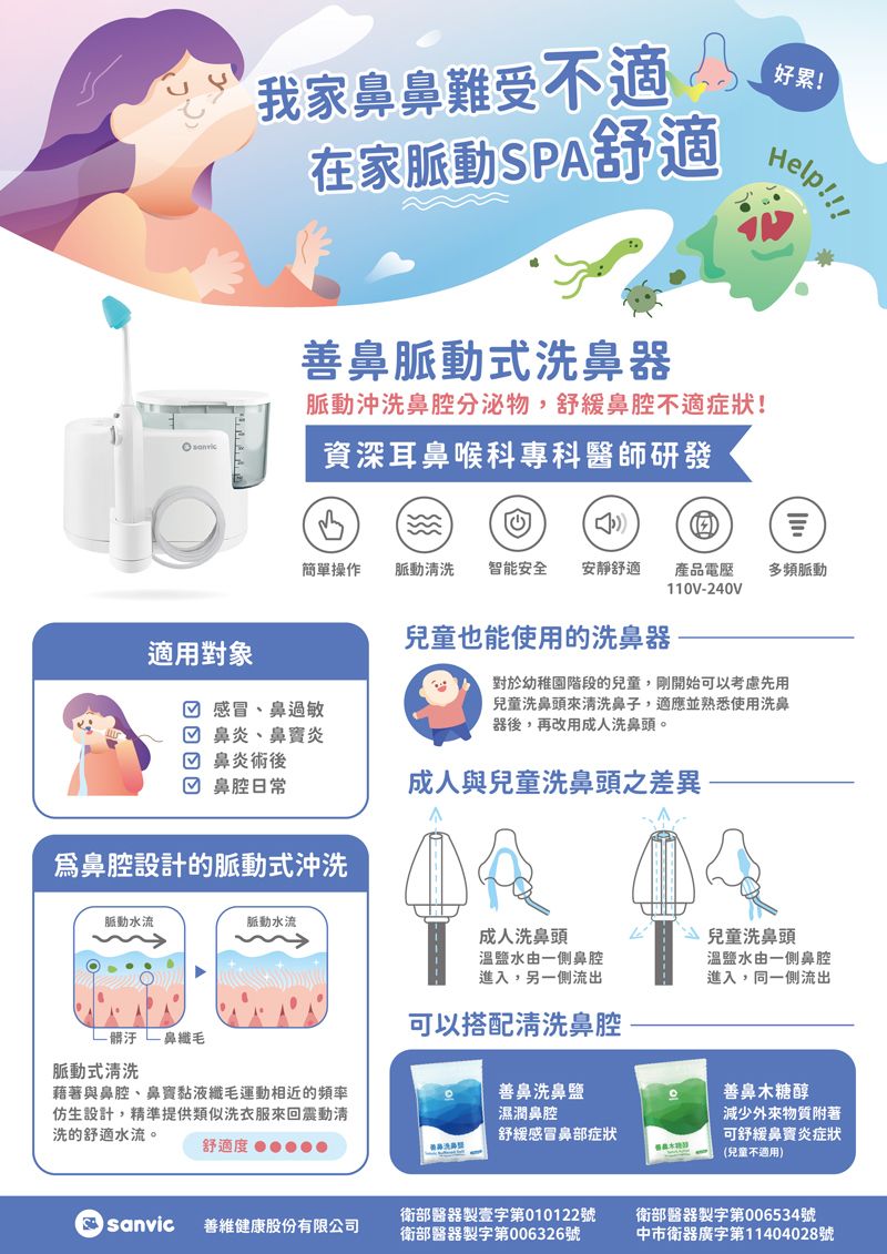 我家鼻鼻難受不適 在家脈動SPA舒適善鼻脈動式洗鼻器好累!Help!!!脈動沖洗鼻腔分泌物,舒緩鼻腔不適症狀!資深耳鼻喉科專科醫師研發簡單操作脈動洗 智能安全 安靜舒適 產品電壓多頻脈動110V-240V兒童也能使用的洗鼻器適用對象 感冒、鼻過敏☑ 鼻炎、炎☑ 鼻炎術後☑ 鼻腔日常鼻腔設計的脈動式沖洗對於幼稚園階段的兒童,剛開始可以考慮先用兒童洗鼻頭來洗鼻子,適應並熟悉使用洗鼻器後,再改用成人洗鼻頭。成人與兒童洗鼻頭之差異脈動水流脈動水流成人洗鼻頭鹽水由一側鼻腔進入,另一側流出可以搭配清洗鼻腔鼻脈動式清洗藉著與鼻腔、鼻竇黏液運動相近的頻率仿生設計,精準提供類似洗衣服來回震動清洗的舒適水流。善鼻洗鼻鹽濕潤鼻腔舒緩感冒鼻部症狀舒適度sanvic 善維健康股份有限公司兒童洗鼻頭溫鹽水由一側鼻腔進入,同一側流出善鼻木糖醇減少外來物質附著可舒緩鼻竇炎症狀(兒童不適用)衛部醫器製壹字第010122號衛部醫器製字第006326號衛部醫器製字第006534號中市衛器廣字第11404028號