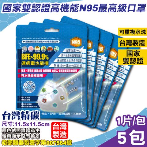 台灣精碳 N95醫用口罩 1入X5包 (國家認證 可水洗重複使用 台灣製)