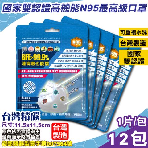 台灣精碳 N95醫用口罩 1入X12包 (國家認證 可水洗重複使用 台灣製)