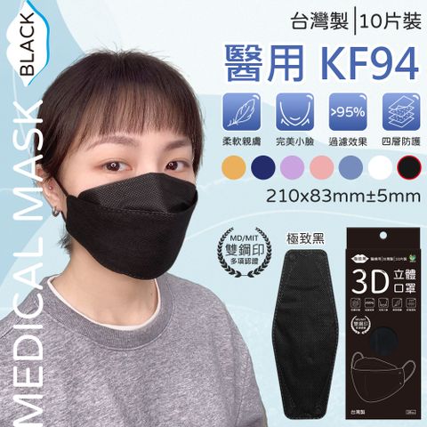 【旺昌４層】KF94成人立體醫用口罩(未滅菌) 10入-極致黑