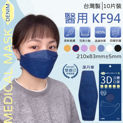 【旺昌】KF94成人立體醫用口罩(未滅菌) 10入-深丹寧
