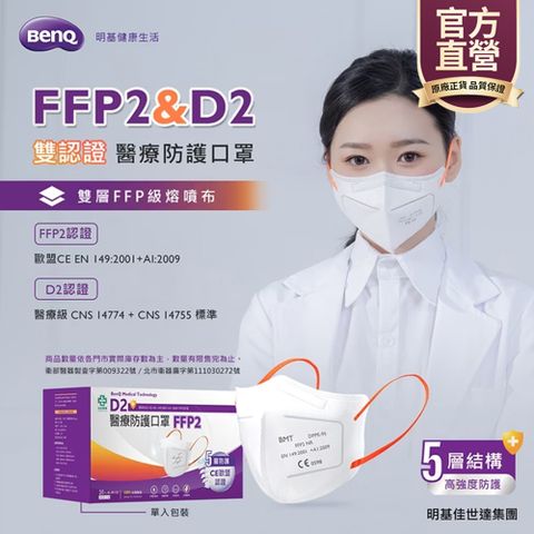 BenQHealth 明基健康生活 怡安 FFP2/D2雙認證 歐規N95/N95等級 醫療防護五層立體口罩 (20片/盒 單片包裝N95等級)