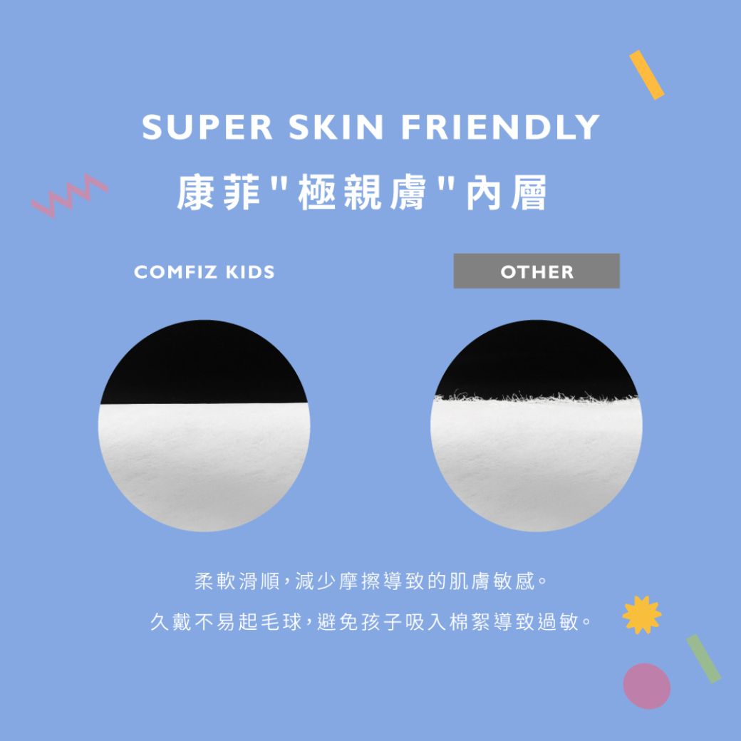 SUPER SKIN FRIENDLY康菲極親膚內層COMFIZ KIDSOTHER柔軟滑順,減少摩擦導致的肌膚敏感。久戴不易起毛球,避免孩子吸入棉絮導致過敏。