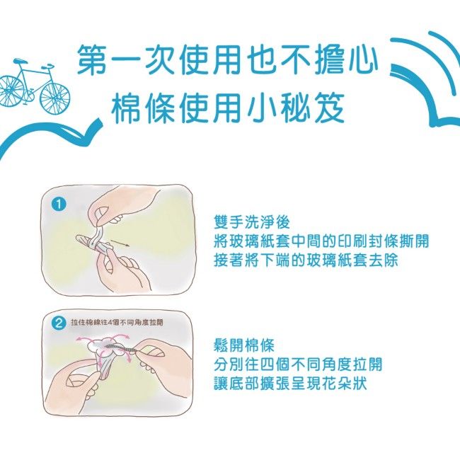 第一次使用也不擔心棉條使用小秘笈雙手洗淨後將玻璃紙套中間的印刷封條撕開接著將下端的玻璃紙套去除 往4個不同鬆開棉條分別往四個不同角度拉開讓底部擴張呈現花朵狀
