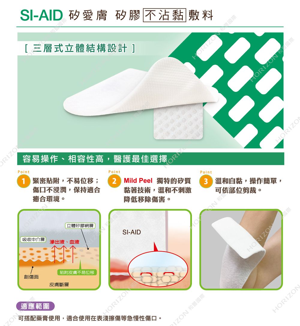 SI-AID 矽愛膚 矽膠 不沾黏敷料[三層式立體結構設計容易操作、相容性高,醫護最佳選擇 Point 緊密貼附,不易位移;傷口不浸潤,保持適合癒合環境。PointPoint2 Mild Peel 獨特的矽質黏著技術,溫不刺激降低移除傷害。立體矽膠網層]SI-AID吸收中介層滲出液、血液傷面貼附皮膚不易位移皮膚斷層 範圍可搭配藥膏使用,適合使用在表淺擦傷等急慢性傷口。HORIZON 和豐 溫和自黏,操作簡單,可依部位剪裁。 國際HORIZONCHORIZON 和創HORIZO