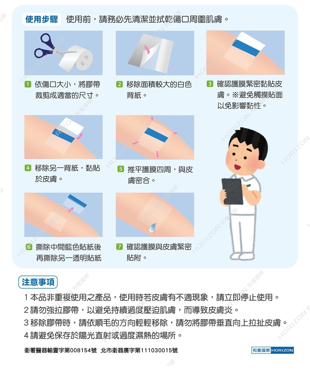 使用步驟 使用前,請務必先清潔並拭乾傷口周圍肌膚依傷口大小,將膠帶裁剪成適當的尺寸 移除面積較大的白色背紙HO 確認護膜緊密黏貼皮膚。避免觸摸貼面以免影響黏性。 移除另一背紙,黏貼 平護膜四周,與皮於皮膚。膚密合。撕除中間藍色貼紙後再撕除另一透明貼紙 確認護膜與皮膚緊密貼附。注意事項 豐國際HORIZON 和。HORIZON1本品非重複使用之產品,使用時若皮膚有不適現象,請立。2請勿強拉膠帶,以避免持續過度壓迫肌膚,而導致皮膚炎。3移除膠帶時,請依順毛的方向輕輕移除,請勿將膠帶垂直向上拉扯皮膚4請避免保存於陽光直射或過度濕熱的場所。衛署醫器輸壹字第008154號 北市衛器廣字第111030015號。HORIZON和豐國際 HORIZON