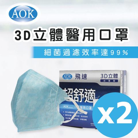 【淡藍-XL 2盒組 】【AOK 】3D立體醫 用口罩-淡藍色 XL號 (50入/ 盒，共100片)