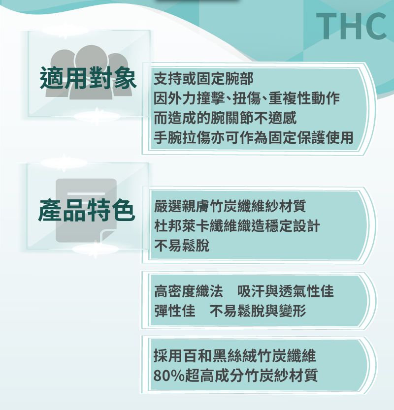 適用對象 支持或固定腕部THC因外力撞擊、扭傷、重複性動作而造成的腕關節不適感手腕拉傷亦可作為固定保護使用產品特色嚴選親膚竹炭纖維紗材質杜邦萊卡纖維織造穩定設計不易鬆脫高密度織法 吸汗與透氣性佳彈性佳 不易鬆脫與變形採用百和黑絲絨竹炭纖維80%超高成分竹炭紗材質
