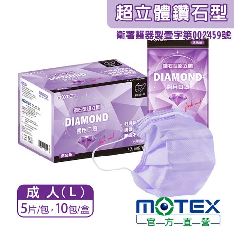 【MOTEX 摩戴舒】鑽石型超立體醫用口罩 經典成人款 薰衣草紫(5片/包，10包/盒，共50片)
