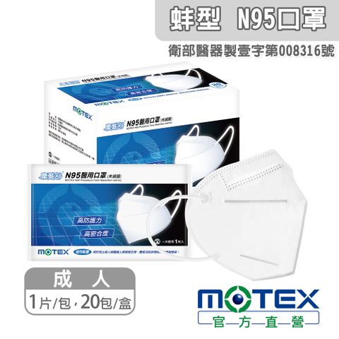 滿額登記抽日立除濕機【MOTEX 摩戴舒】蚌型 N 9 5 立體醫用口罩(1片/包，20包/盒，共20片) 台灣製造(白色)