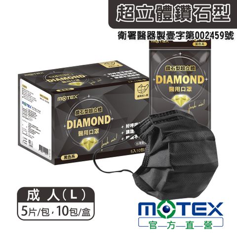 【MOTEX 摩戴舒】鑽石型超立體醫用口罩 經典成人款 黑色系(5片/包，10包/盒，共50片)