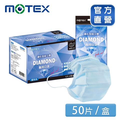 【MOTEX 摩戴舒】鑽石型超立體醫用口罩 MEN 經典成人款 藍色系(5片/包，10包/盒，共50片)