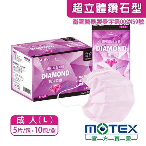 【MOTEX 摩戴舒】鑽石型超立體醫用口罩 經典成人款 粉色系(5片/包，10包/盒，共50片)