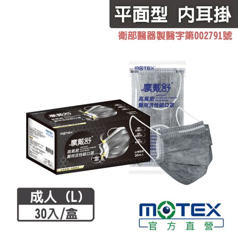 登記抽8888積點【MOTEX 摩戴舒】平面高氣密活性碳口罩(1片/包，30包/盒)