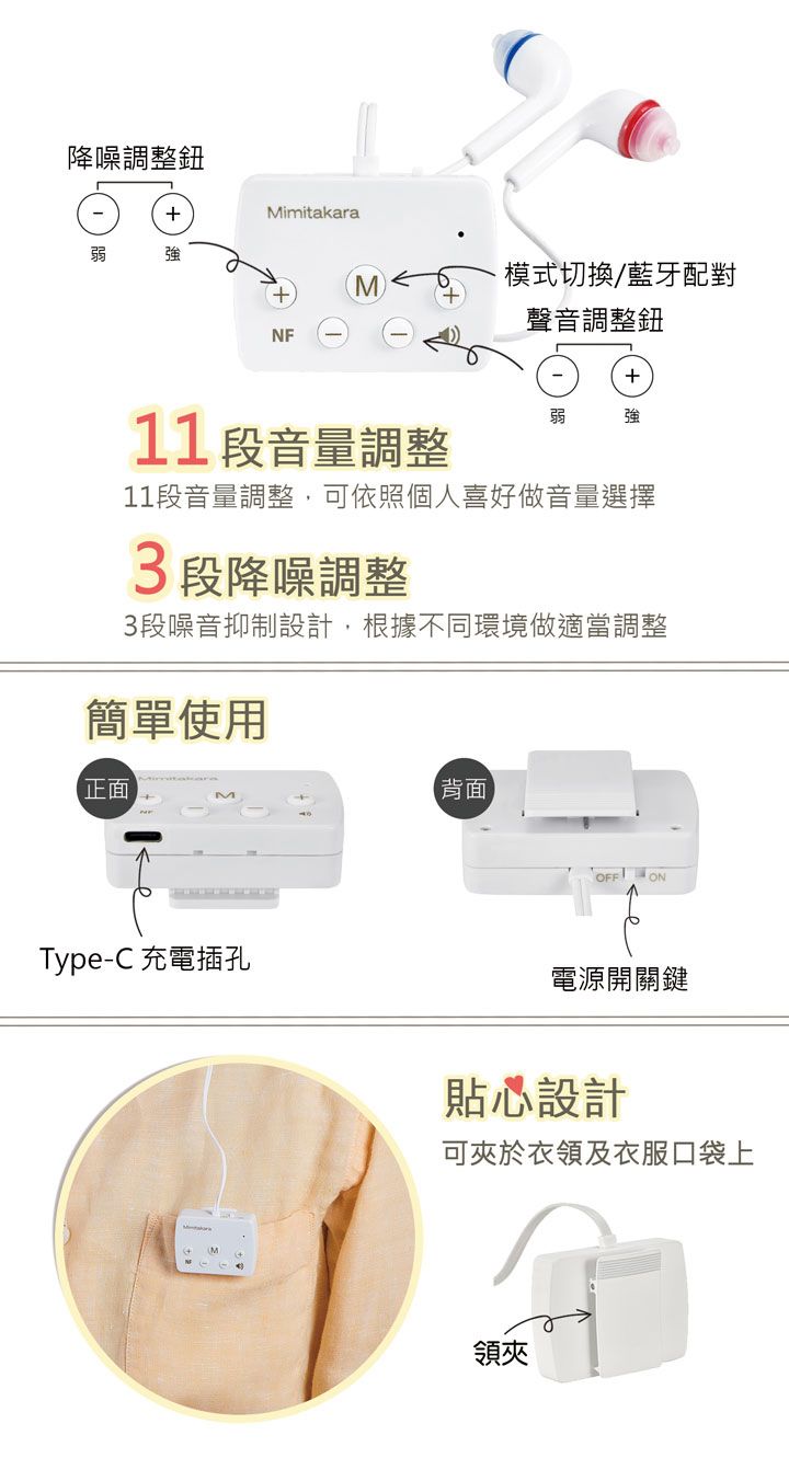 降噪調整鈕MimitakaraNFM模式切換/藍牙配對聲音調整鈕+弱強11 段音量調整11段音量調整,可依照個人喜好做音量選擇3 段降噪調整3段噪音抑制設計,根據不同環境做適當調整簡單使用正面M背面Type-C 充電插孔OFF ON電源開關鍵貼心設計可夾於衣領及衣服口袋上領夾