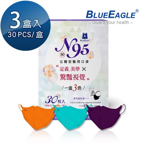 【藍鷹牌】N95 驚艷款醫用立體型成人口罩 歐戀橘、花青綠、黛紫色 三色綜合款 30片*3盒