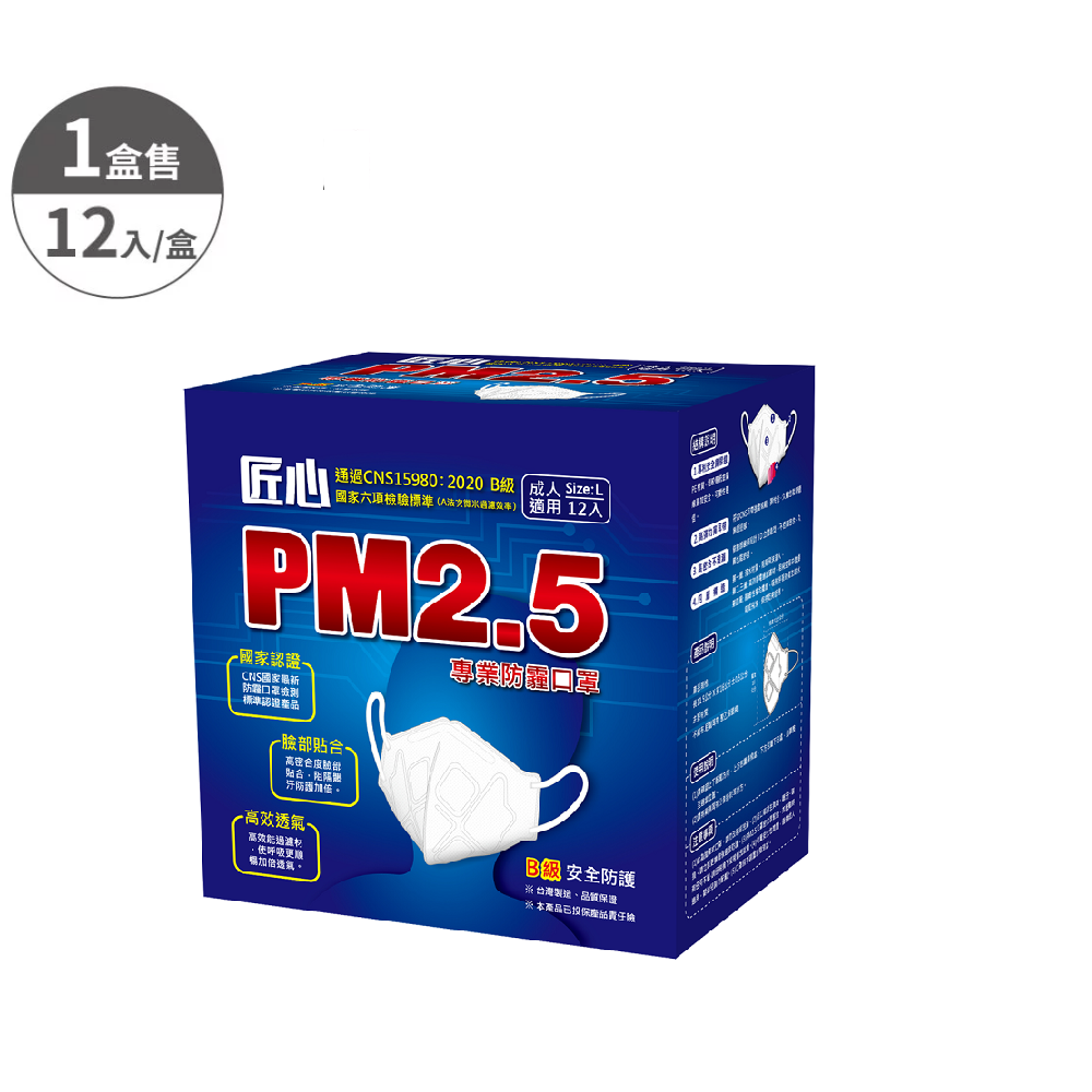 匠心 PM2.5 新B級 防霾口罩 L尺寸-12入/盒 (黑色)