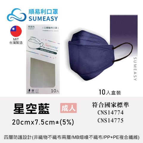 【順易利】醫療-順易利4D成人10入素色 星空藍 成人口罩 台灣製 彈力細耳帶 魚型口罩 醫用口罩 4D立體