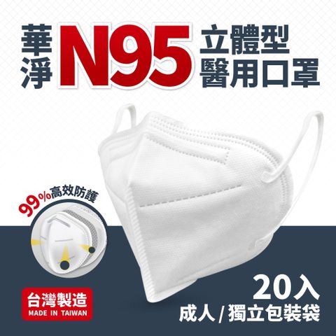 華淨醫用口罩-N95立體型醫用口罩-白色(20片/盒)