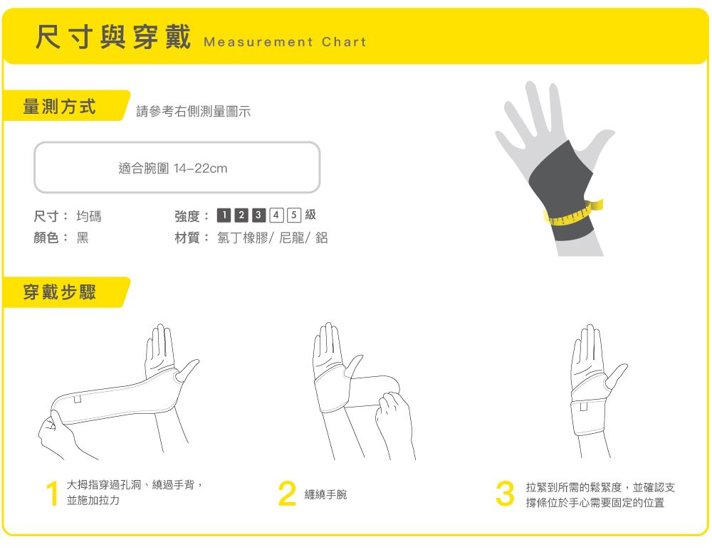 尺寸與穿戴Measurement Chart量測方式請參考右側測量圖示適合腕圍 14-22cm尺寸:均碼顏色: 黑強度: 級材質: 氯丁橡膠/尼龍/鋁穿戴步驟大拇指穿過孔洞、繞過手背,並施加拉力纏繞手腕拉緊到所需的鬆緊度,並確認支撐條位於手心需要固定的位置